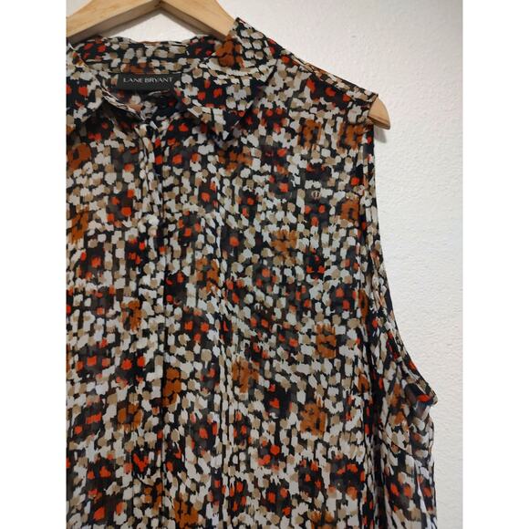 Lane Bryant Black Brown Red Abstract Sleeveless Sheer Button Front Top Size 24 - Picture 7 of 9